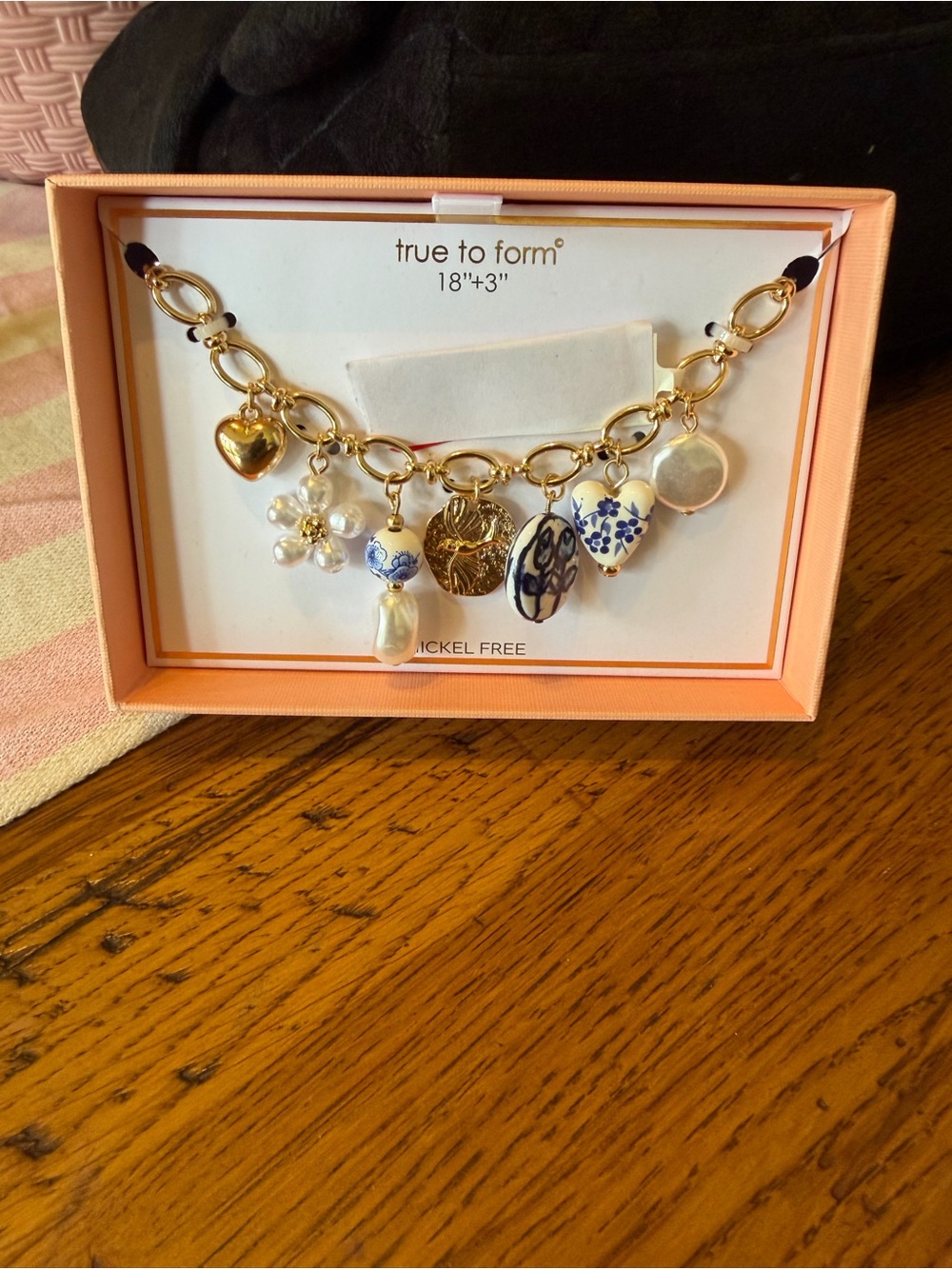True to Form Gold Charm Necklace with Blue & White Porcelain Accents